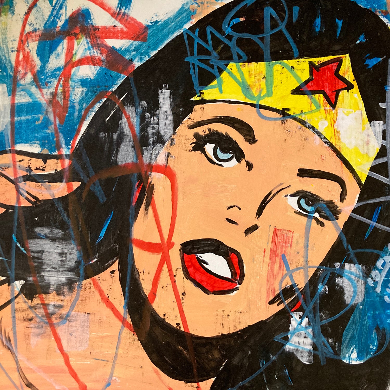 “Wonder Woman” (2024) by Freda People reinterprets this legendary icon through the lens of modern pop and urban art. For sale on FLIP Gallery