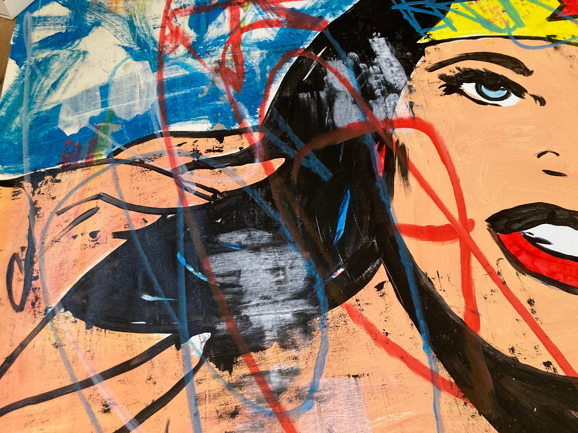“Wonder Woman” (2024) by Freda People reinterprets this legendary icon through the lens of modern pop and urban art. For sale on FLIP Gallery