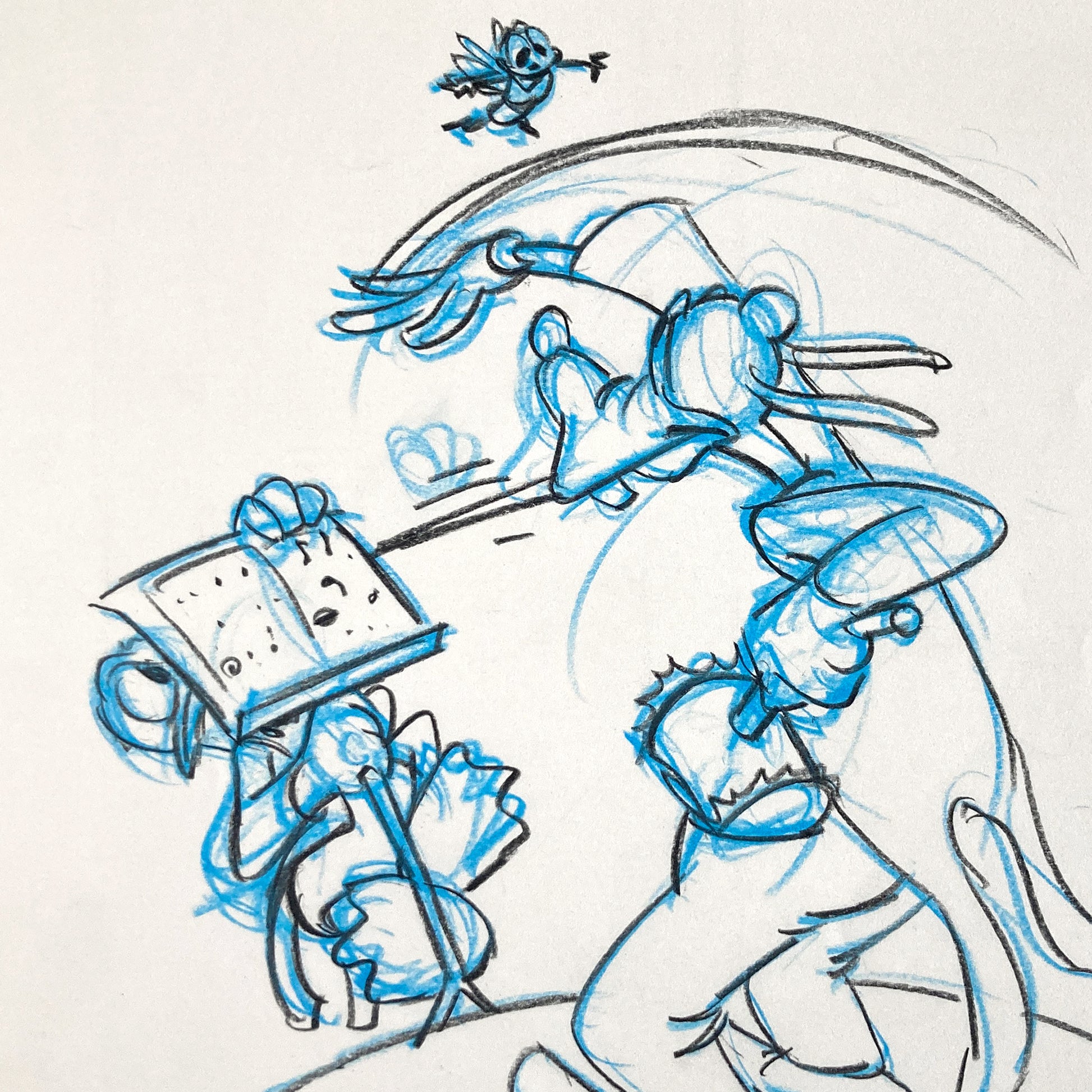 Who Framed Roger Rabbit : Goofy, Donald Duck, and Spike the Bee - Original Storyboard for Deleted Scene by Mark Kausler (Walt Disney/Amblin, 1988). For sale on FLIP Gallery